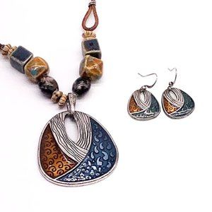 Vintage Artisan Enamel Pendant Necklace & Earrings Set with Ceramic Beads